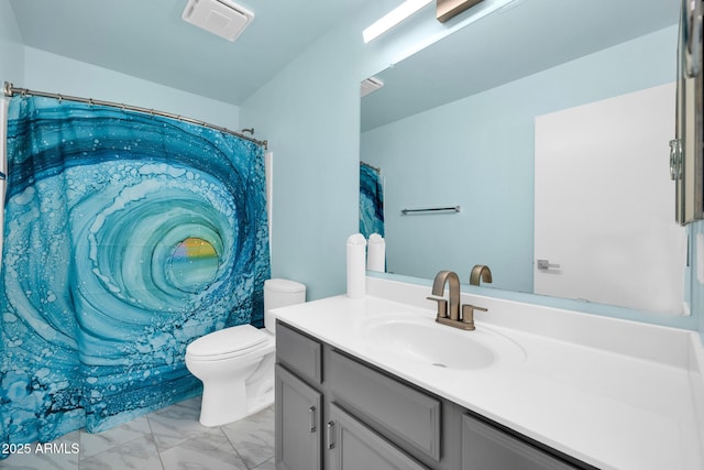 full bath featuring visible vents, marble finish floor, vanity, and toilet