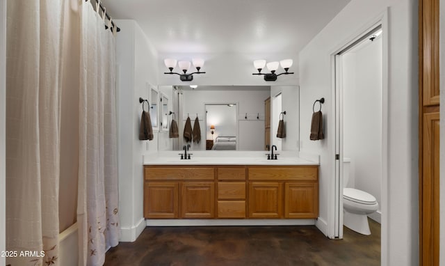 2311 W Dobbins Rd, Phoenix, AZ 85041 - full bathroom with ensuite bathroom, double vanity, toilet, concrete floors, and a shower with shower curtain