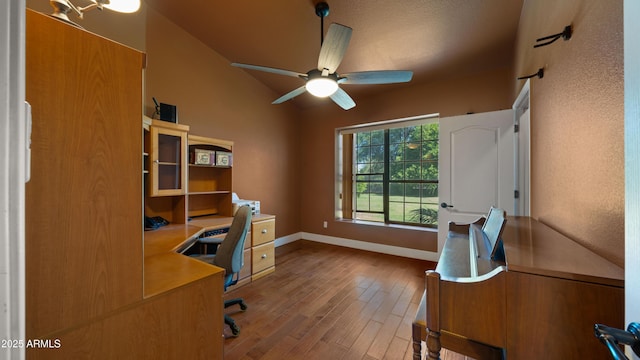 2311 W Dobbins Rd, Phoenix, AZ 85041 - office featuring wood finished floors, ceiling fan, lofted ceiling, and baseboards