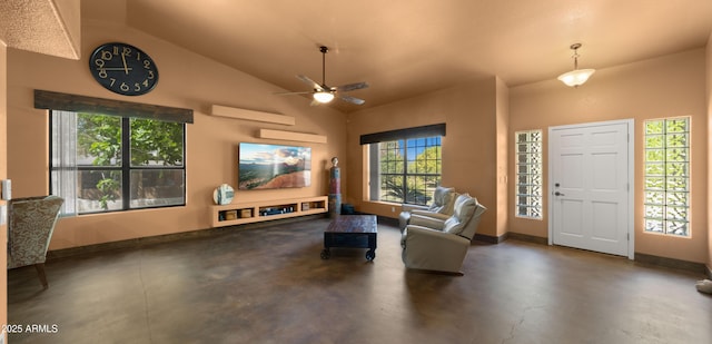 2311 W Dobbins Rd, Phoenix, AZ 85041 - foyer entrance with concrete floors, baseboards, vaulted ceiling, and ceiling fan