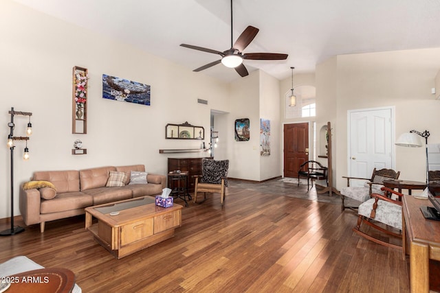 19029 N 36th St, Phoenix, AZ 85050 - living area featuring high vaulted ceiling, hardwood / wood-style floors, a ceiling fan, and baseboards