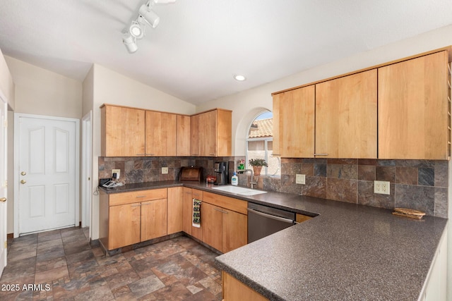 19029 N 36th St, Phoenix, AZ 85050 - kitchen featuring a sink, dark countertops, dishwasher, tasteful backsplash, and vaulted ceiling