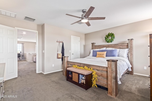 carpeted bedroom featuring ceiling fan