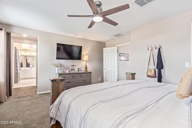 bedroom featuring ensuite bath, ceiling fan, and carpet flooring