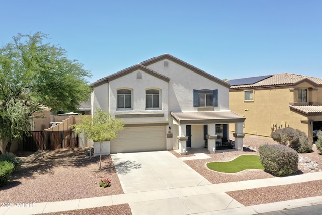 2198 W Pima Ave, Coolidge, AZ 85128 - view of front facade with a porch, stucco siding, concrete driveway, a garage, and a tile roof