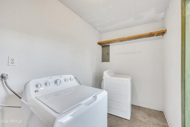 laundry area featuring electric panel and washing machine and clothes dryer