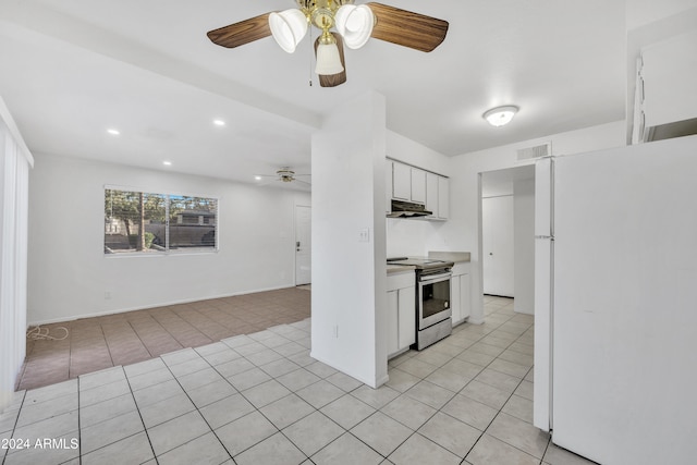 kitchen with ceiling fan, white cabinets, stainless steel range with electric stovetop, and white refrigerator