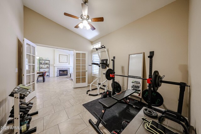 4558 E Libby St, Phoenix, AZ 85032 - exercise room with lofted ceiling, a fireplace, and a ceiling fan
