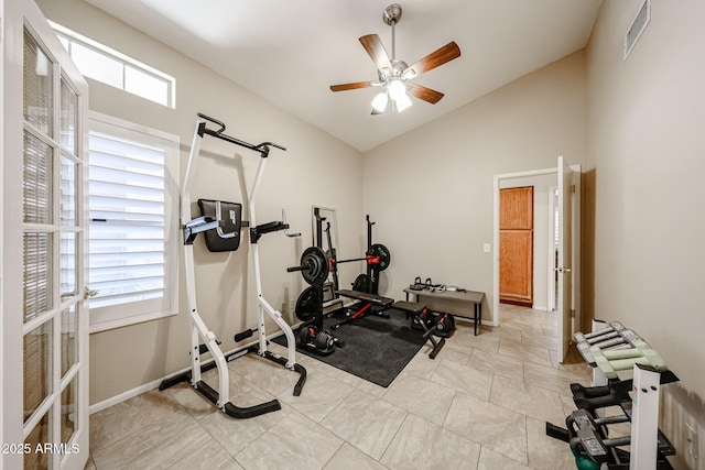 4558 E Libby St, Phoenix, AZ 85032 - exercise area featuring a ceiling fan, lofted ceiling, french doors, and baseboards
