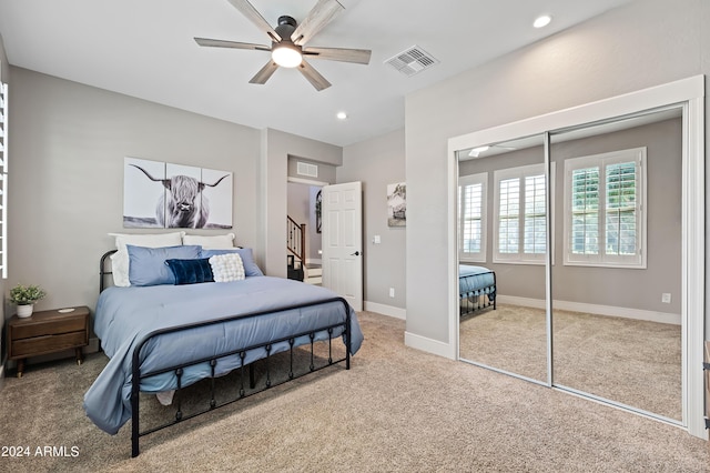 bedroom with recessed lighting, visible vents, baseboards, and carpet floors