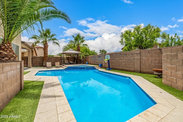 8214 S 48th Dr, Laveen, AZ 85339 - view of swimming pool with a gazebo, a fenced backyard, a patio, and a pool with connected hot tub
