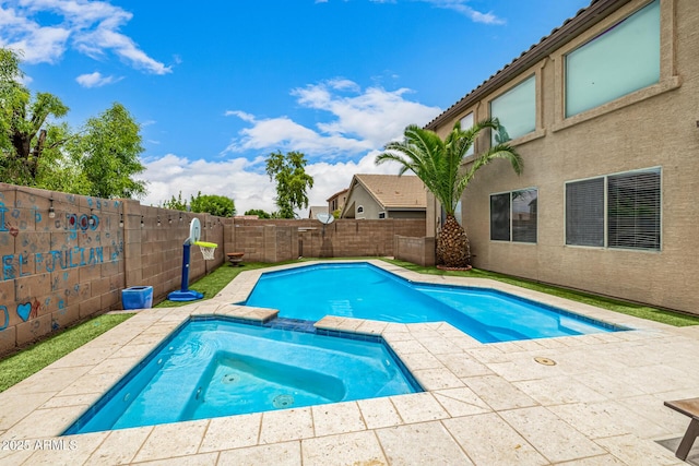 8214 S 48th Dr, Laveen, AZ 85339 - view of swimming pool with a fenced backyard, a patio area, and a pool with connected hot tub