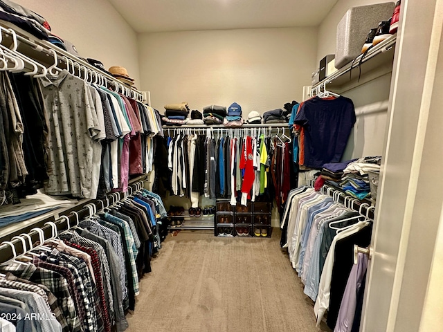 walk in closet featuring light carpet