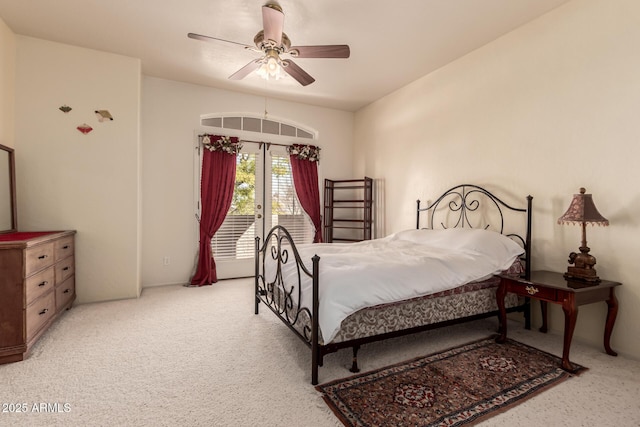 bedroom with ceiling fan, french doors, light colored carpet, and access to exterior