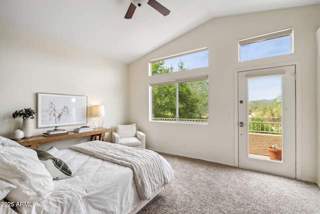 carpeted bedroom featuring access to outside, lofted ceiling, multiple windows, baseboards, and ceiling fan