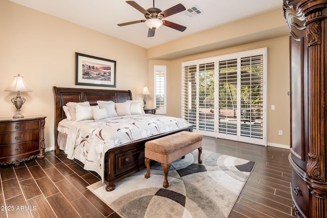 bedroom with access to outside and ceiling fan