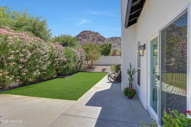 view of yard with a patio area and a mountain view