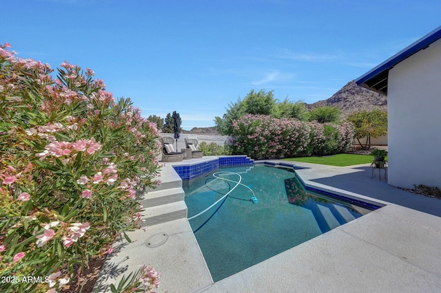 view of swimming pool with a patio and fence
