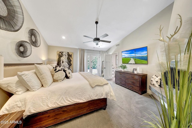 bedroom with lofted ceiling, carpet floors, access to outside, a ceiling fan, and recessed lighting