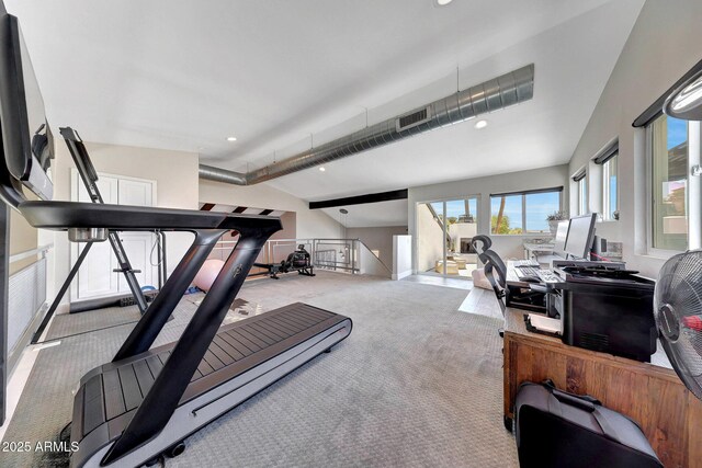 workout room with vaulted ceiling, carpet floors, and recessed lighting
