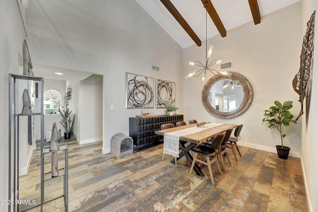 dining room with high vaulted ceiling, beamed ceiling, baseboards, wood finished floors, and a chandelier