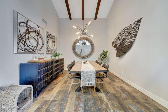 dining area with a chandelier, hardwood / wood-style floors, and baseboards