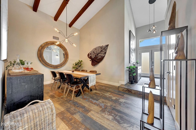 dining space featuring high vaulted ceiling, a chandelier, baseboards, hardwood / wood-style flooring, and beam ceiling