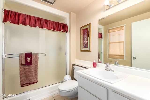 bathroom with visible vents, toilet, an enclosed shower, vanity, and tile patterned floors