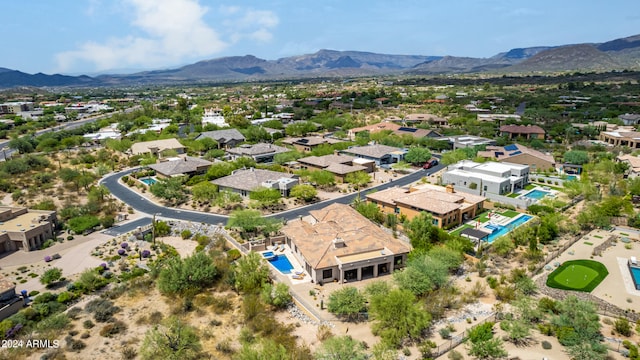 drone / aerial view featuring a mountain view