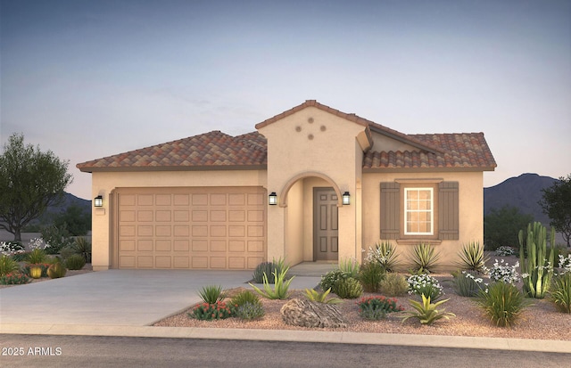 21270 E Cattle Dr, Queen Creek, AZ 85142 - mediterranean / spanish-style house with stucco siding, an attached garage, driveway, and a tile roof