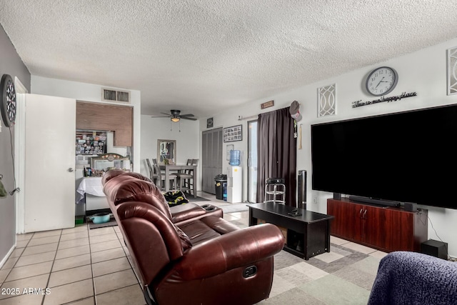 7506 N 47th Dr, Glendale, AZ 85301 - living room featuring a textured ceiling, ceiling fan, and visible vents