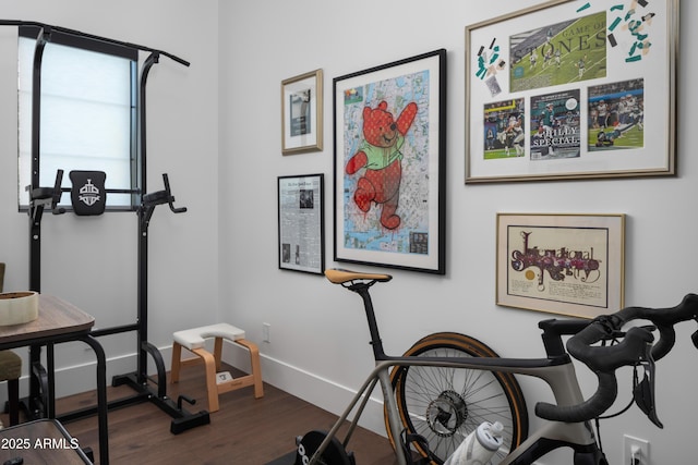 workout area with dark hardwood / wood-style floors