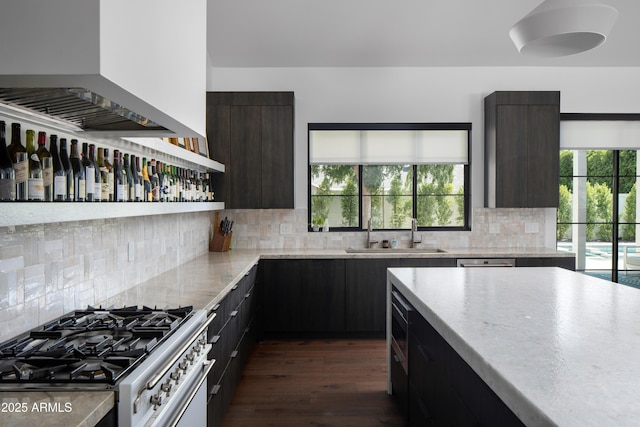 kitchen with premium range hood, stainless steel stove, decorative backsplash, sink, and dark hardwood / wood-style floors