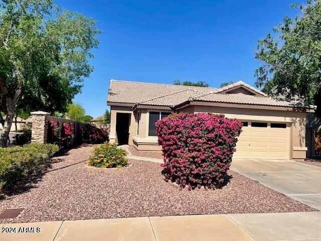 ranch-style home with a garage, a tile roof, driveway, and stucco siding