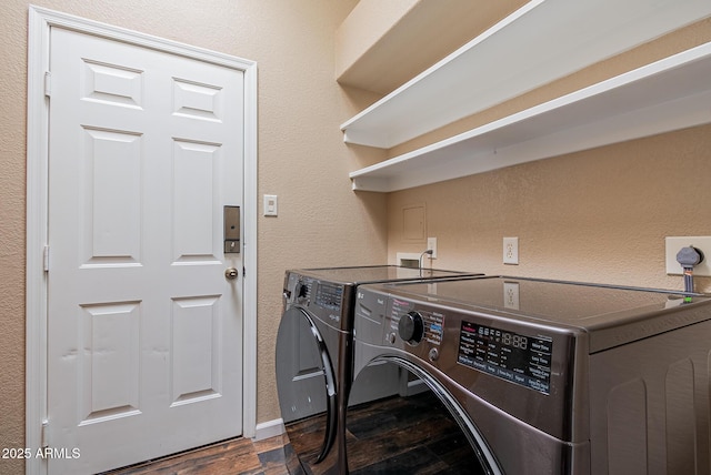 10691 E 37th Pl, Yuma, AZ 85365 - laundry room featuring dark wood-style floors, laundry area, and washing machine and clothes dryer
