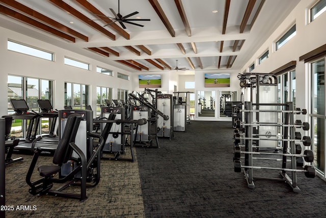 exercise room with ceiling fan, a high ceiling, and dark colored carpet