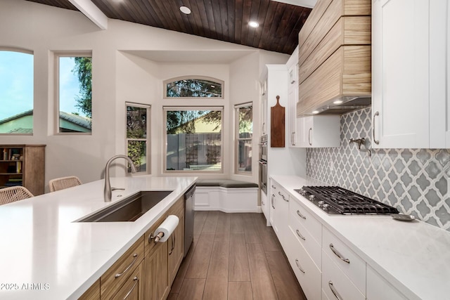 kitchen featuring white cabinetry, stainless steel appliances, sink, and custom exhaust hood