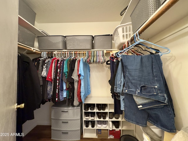 walk in closet with wood finished floors