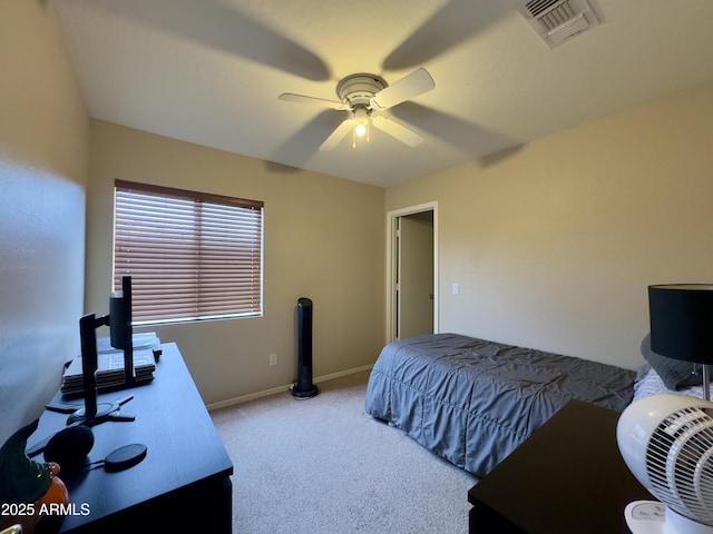 bedroom featuring carpet, visible vents, a ceiling fan, and baseboards