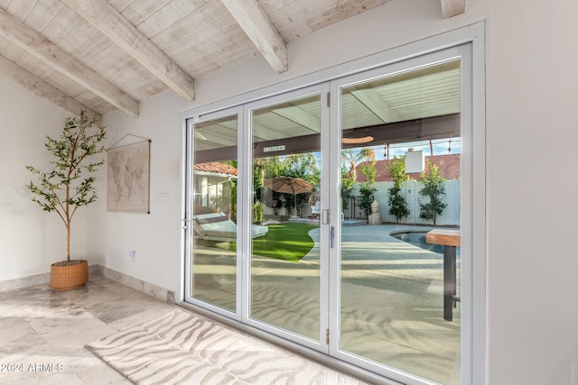 doorway to outside featuring wooden ceiling and lofted ceiling with beams