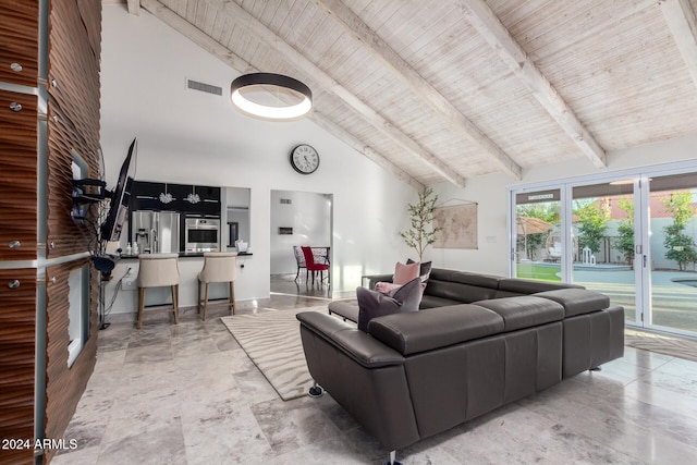 living room with high vaulted ceiling, wood ceiling, and beam ceiling