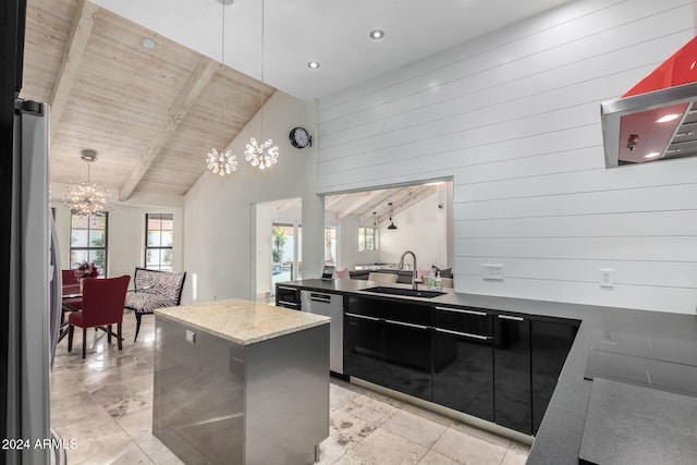 kitchen featuring wood ceiling, hanging light fixtures, sink, beamed ceiling, and appliances with stainless steel finishes