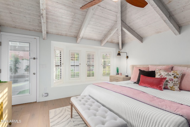 bedroom featuring lofted ceiling with beams, wood ceiling, hardwood / wood-style floors, and ceiling fan