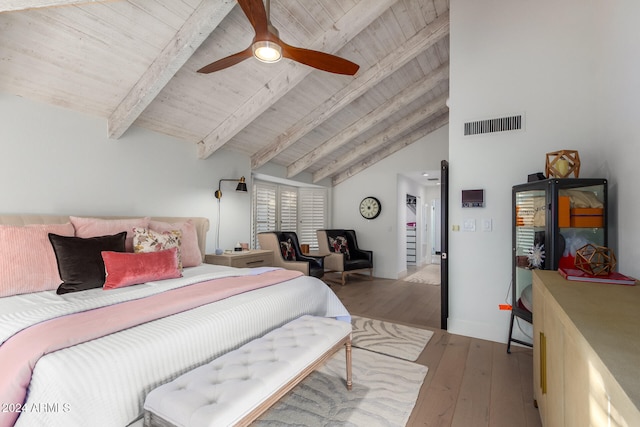 bedroom with wooden ceiling, ceiling fan, beam ceiling, high vaulted ceiling, and light hardwood / wood-style flooring