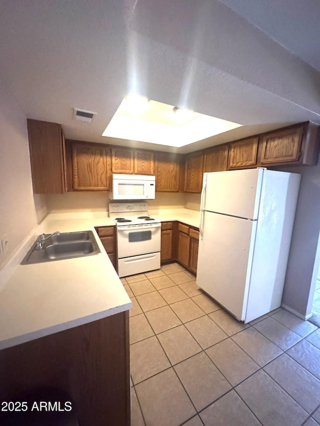 1075 E Chandler Blvd Unit 220, Chandler, AZ 85225 - kitchen with white appliances, a sink, a raised ceiling, and light tile patterned flooring