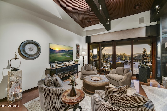 living room featuring beamed ceiling, wood ceiling, and high vaulted ceiling