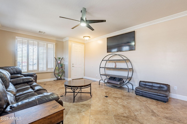 living room featuring light tile patterned floors, crown molding, and ceiling fan