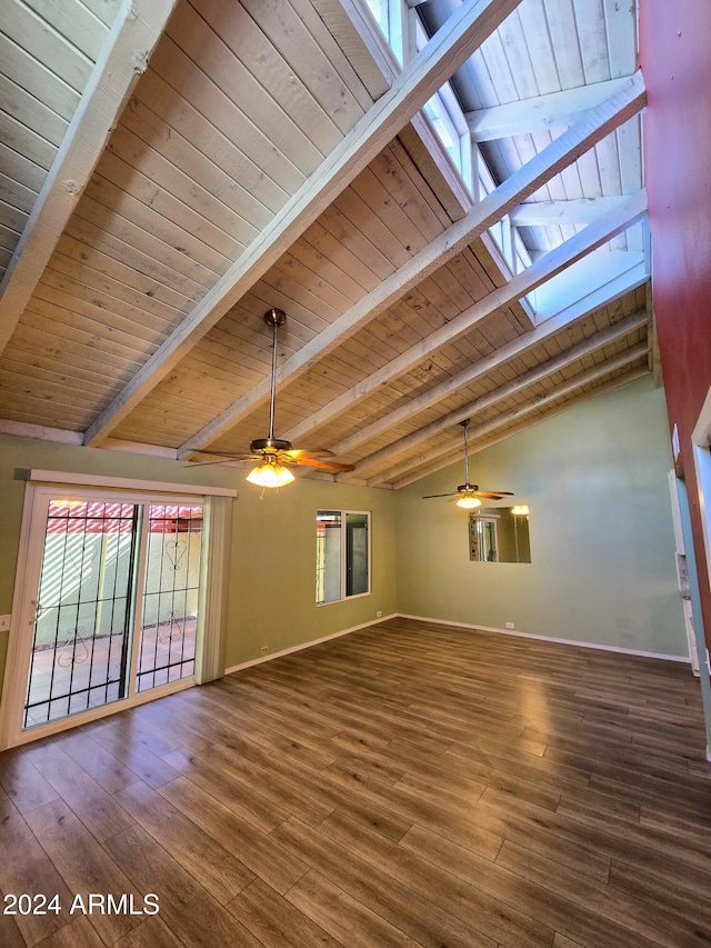 unfurnished living room with vaulted ceiling with skylight, wood ceiling, and dark hardwood / wood-style flooring