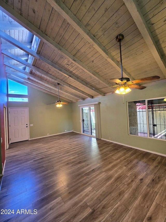 empty room featuring beamed ceiling, ceiling fan, wooden ceiling, and dark hardwood / wood-style flooring