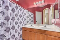 bathroom with vanity and a shower with shower curtain